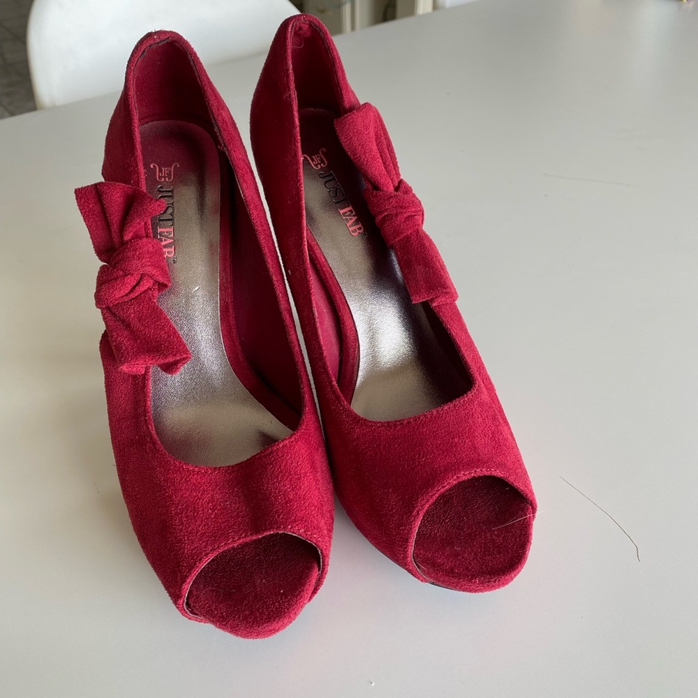 JustFab Red Suede Peep-Toe Heels with Bow